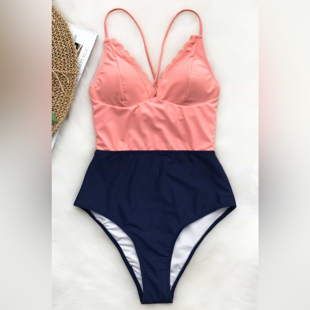 NWT Lucky Star CupShe Coral and Navy One Piece swimsuit size large